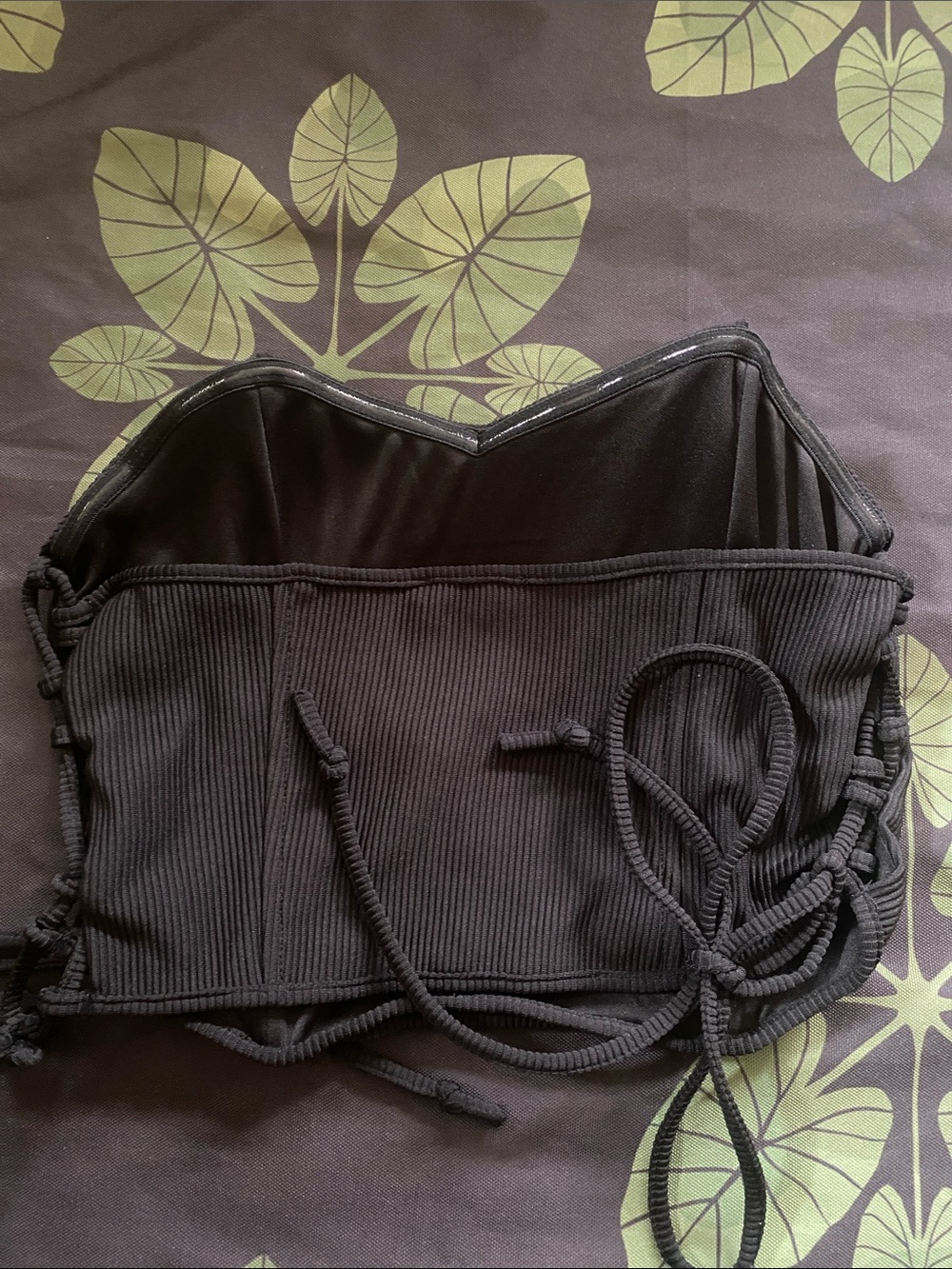Black Ribbed Strapless Drawstring Top - - Picture 2 of 2